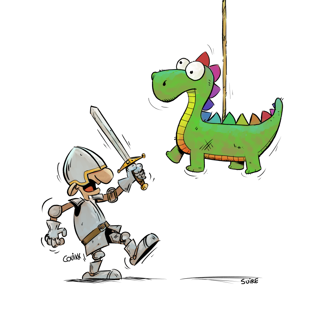 A small knight trying to break a dragon shaped piñata with his sword